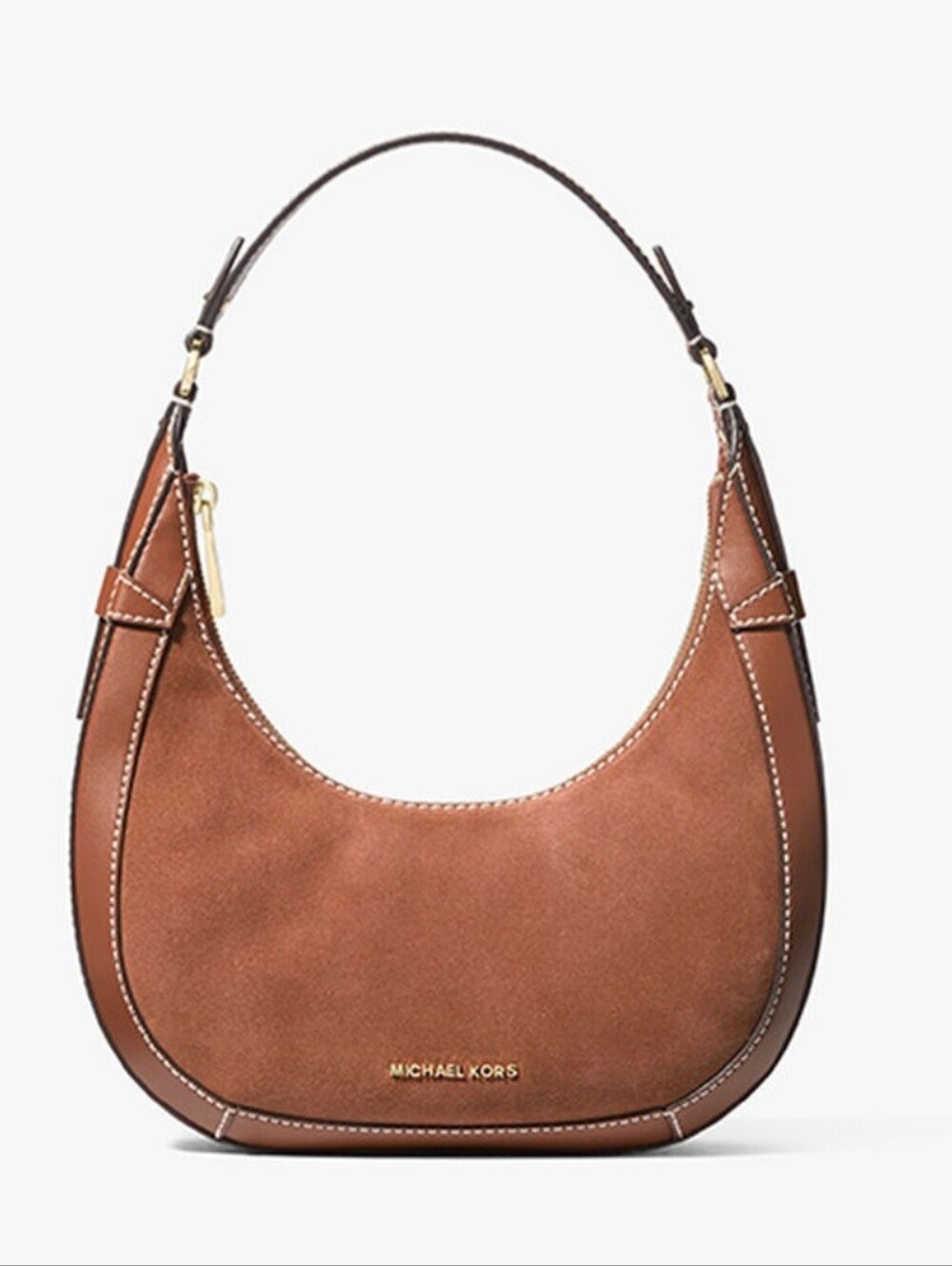 Michael Michael Kors Preston Tan Suede Crescent Shoulder Bag with Gold Hardware